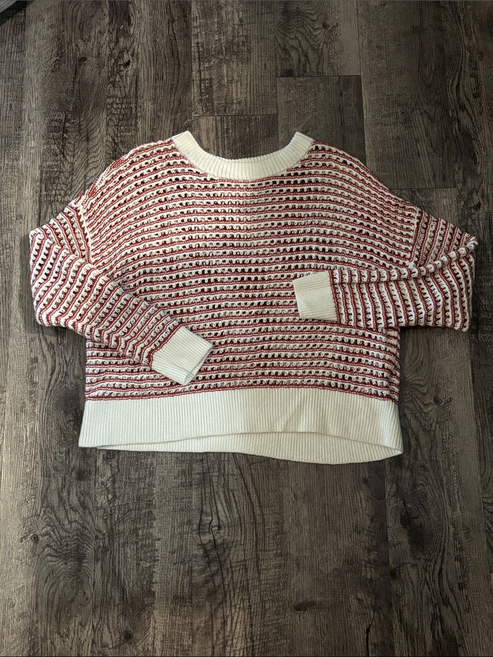 Old Navy Knit Crewneck Sweater - Cream and Red Striped - Size Medium